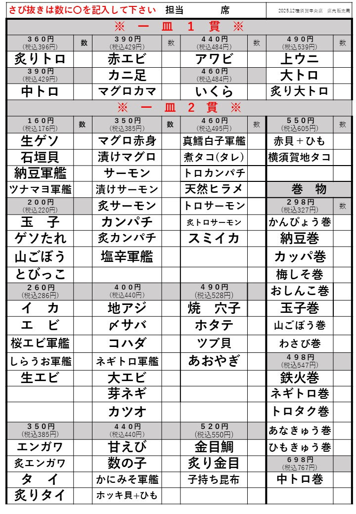 寿司お好みメニュー